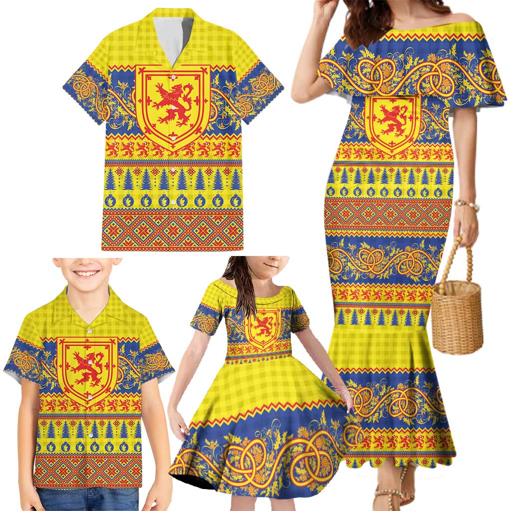 Scottish Christmas Family Matching Mermaid Dress and Hawaiian Shirt Scotland Thistle and Celtic Knot Yellow-Red Color - Wonder Print Shop