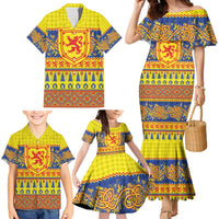 Scottish Christmas Family Matching Mermaid Dress and Hawaiian Shirt Scotland Thistle and Celtic Knot Yellow-Red Color - Wonder Print Shop