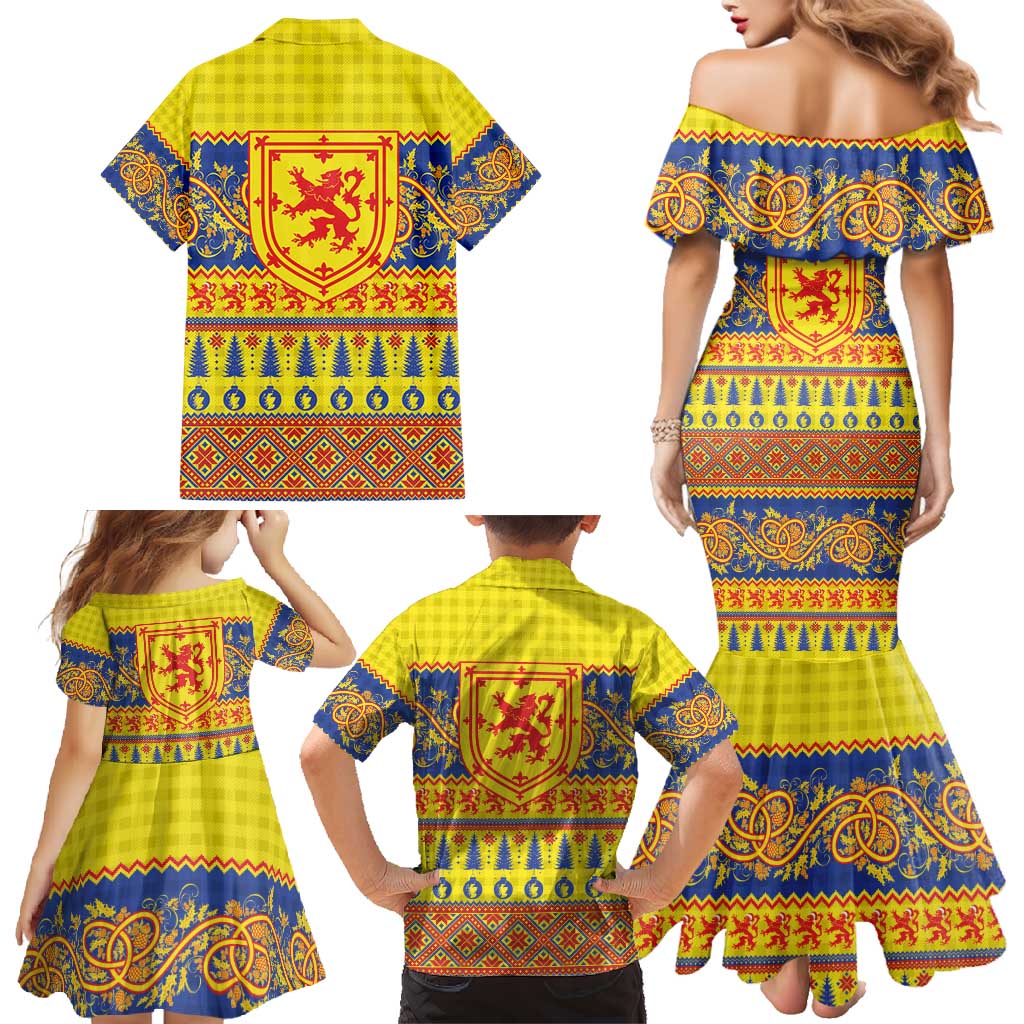 Scottish Christmas Family Matching Mermaid Dress and Hawaiian Shirt Scotland Thistle and Celtic Knot Yellow-Red Color - Wonder Print Shop