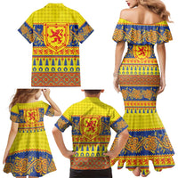 Scottish Christmas Family Matching Mermaid Dress and Hawaiian Shirt Scotland Thistle and Celtic Knot Yellow-Red Color - Wonder Print Shop