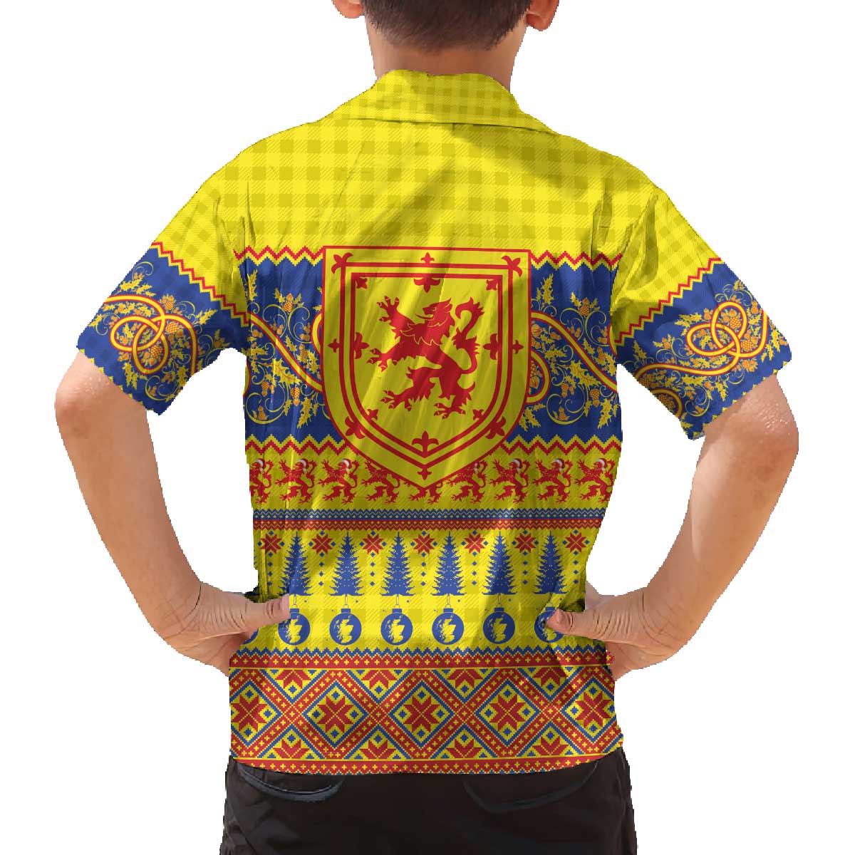 Scottish Christmas Family Matching Off The Shoulder Long Sleeve Dress and Hawaiian Shirt Scotland Thistle and Celtic Knot Yellow-Red Color - Wonder Print Shop