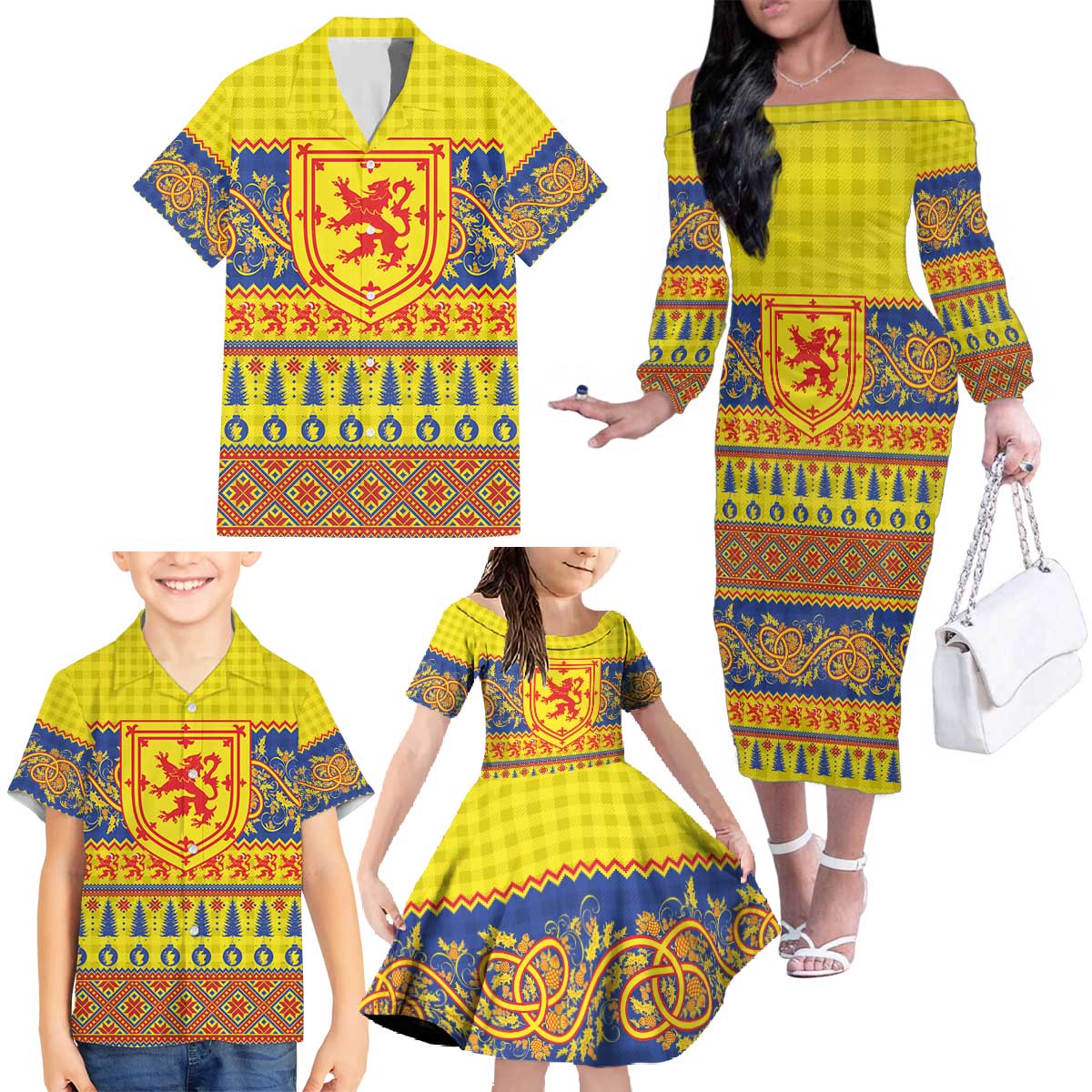 Scottish Christmas Family Matching Off The Shoulder Long Sleeve Dress and Hawaiian Shirt Scotland Thistle and Celtic Knot Yellow-Red Color - Wonder Print Shop