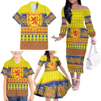Scottish Christmas Family Matching Off The Shoulder Long Sleeve Dress and Hawaiian Shirt Scotland Thistle and Celtic Knot Yellow-Red Color - Wonder Print Shop