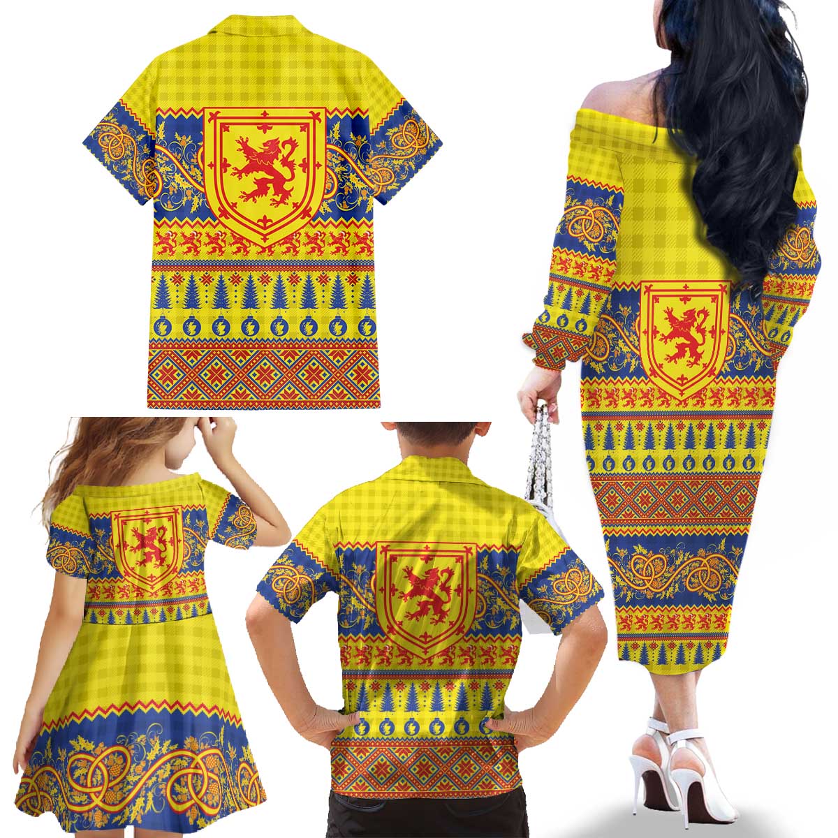 Scottish Christmas Family Matching Off The Shoulder Long Sleeve Dress and Hawaiian Shirt Scotland Thistle and Celtic Knot Yellow-Red Color - Wonder Print Shop