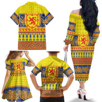 Scottish Christmas Family Matching Off The Shoulder Long Sleeve Dress and Hawaiian Shirt Scotland Thistle and Celtic Knot Yellow-Red Color - Wonder Print Shop