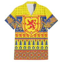 Scottish Christmas Family Matching Off The Shoulder Long Sleeve Dress and Hawaiian Shirt Scotland Thistle and Celtic Knot Yellow-Red Color - Wonder Print Shop