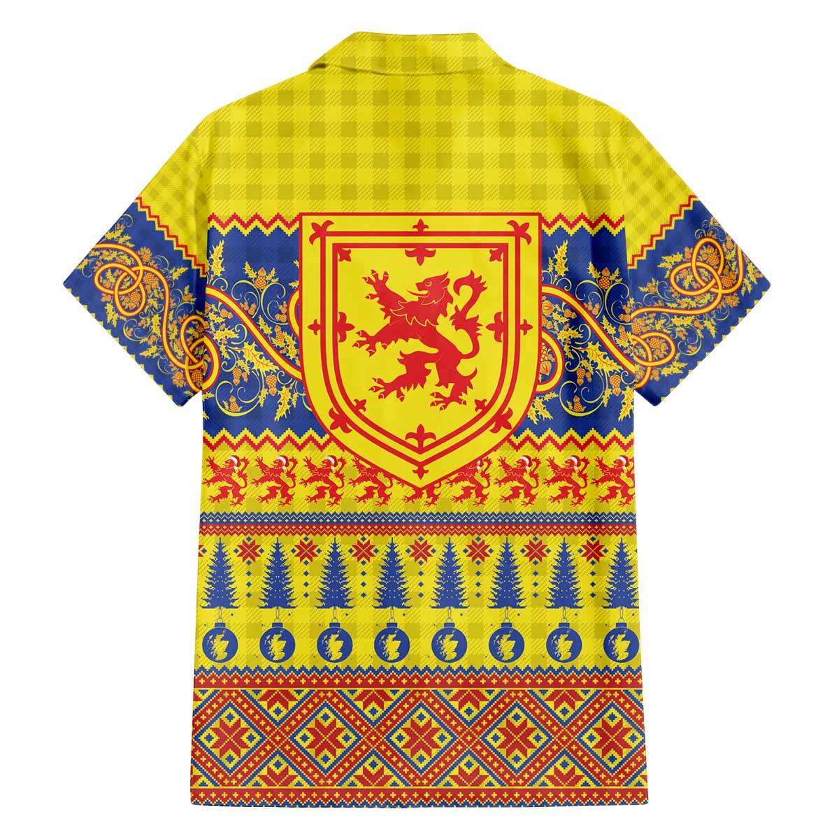 Scottish Christmas Family Matching Off The Shoulder Long Sleeve Dress and Hawaiian Shirt Scotland Thistle and Celtic Knot Yellow-Red Color - Wonder Print Shop