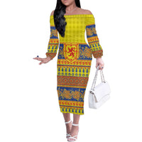 Scottish Christmas Family Matching Off The Shoulder Long Sleeve Dress and Hawaiian Shirt Scotland Thistle and Celtic Knot Yellow-Red Color - Wonder Print Shop