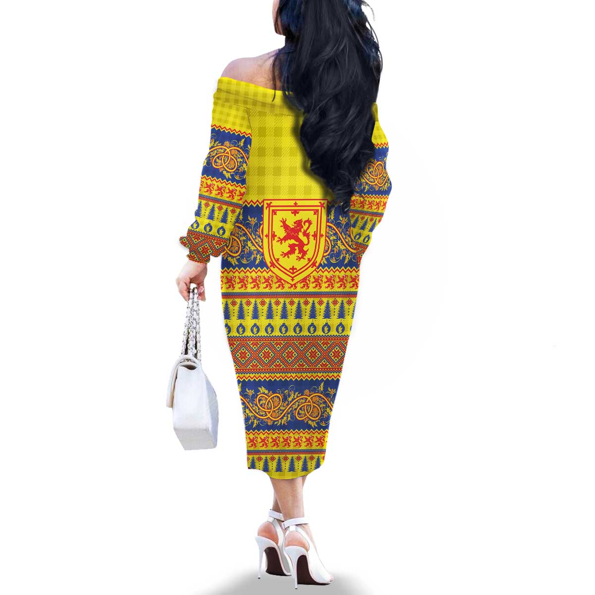 Scottish Christmas Family Matching Off The Shoulder Long Sleeve Dress and Hawaiian Shirt Scotland Thistle and Celtic Knot Yellow-Red Color - Wonder Print Shop