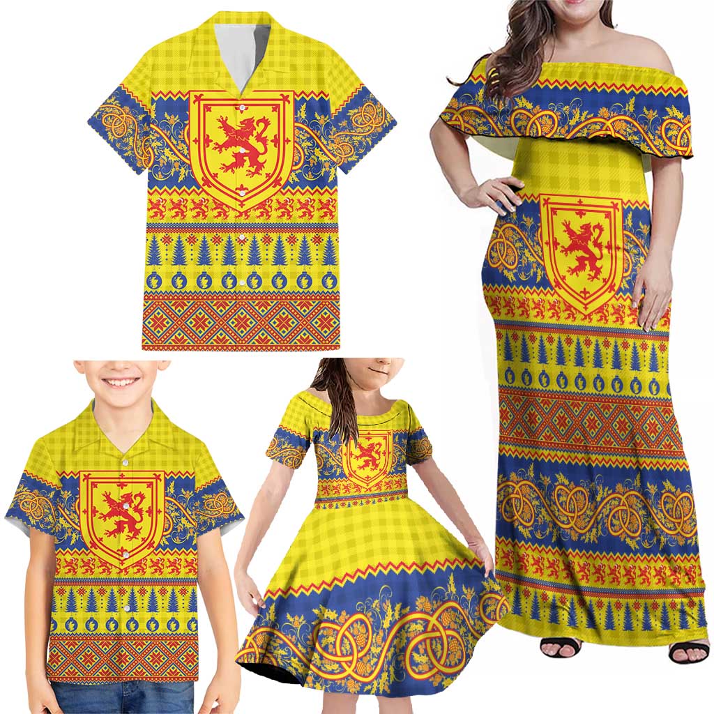 Scottish Christmas Family Matching Off Shoulder Maxi Dress and Hawaiian Shirt Scotland Thistle and Celtic Knot Yellow-Red Color - Wonder Print Shop