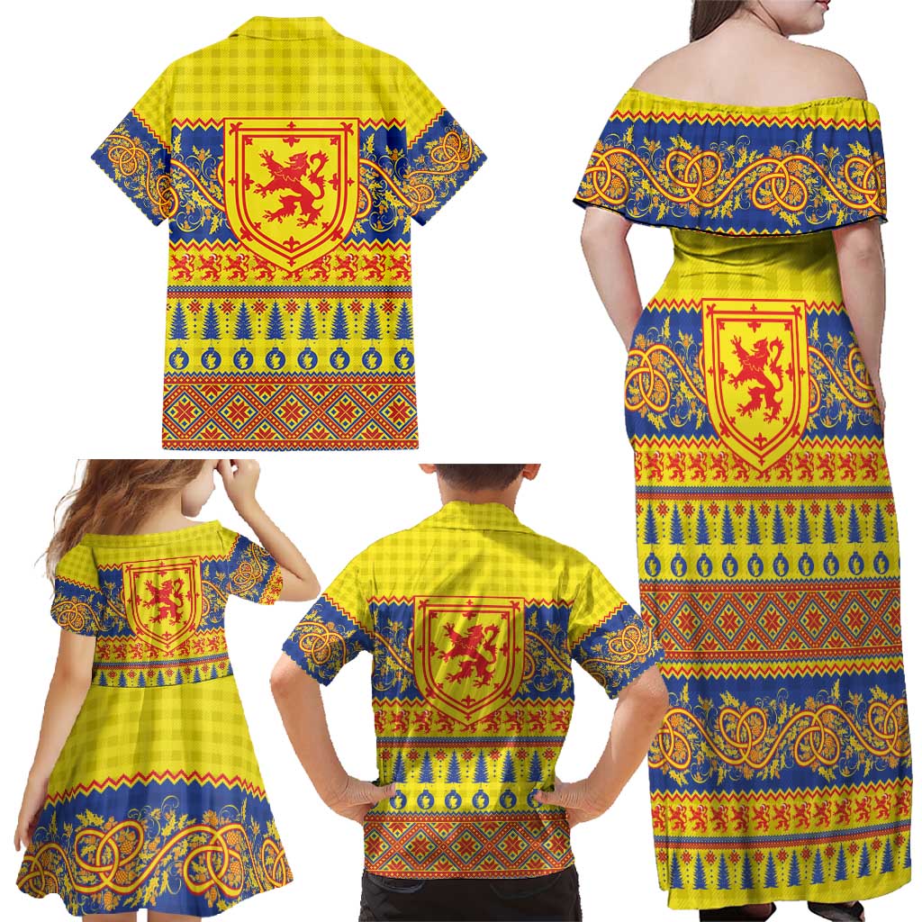 Scottish Christmas Family Matching Off Shoulder Maxi Dress and Hawaiian Shirt Scotland Thistle and Celtic Knot Yellow-Red Color - Wonder Print Shop