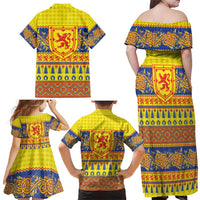 Scottish Christmas Family Matching Off Shoulder Maxi Dress and Hawaiian Shirt Scotland Thistle and Celtic Knot Yellow-Red Color - Wonder Print Shop
