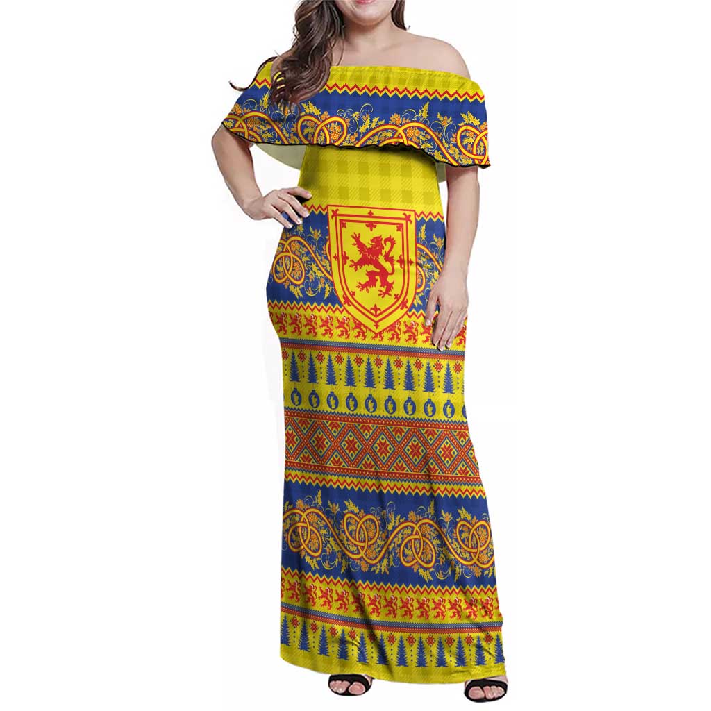 Scottish Christmas Family Matching Off Shoulder Maxi Dress and Hawaiian Shirt Scotland Thistle and Celtic Knot Yellow-Red Color - Wonder Print Shop