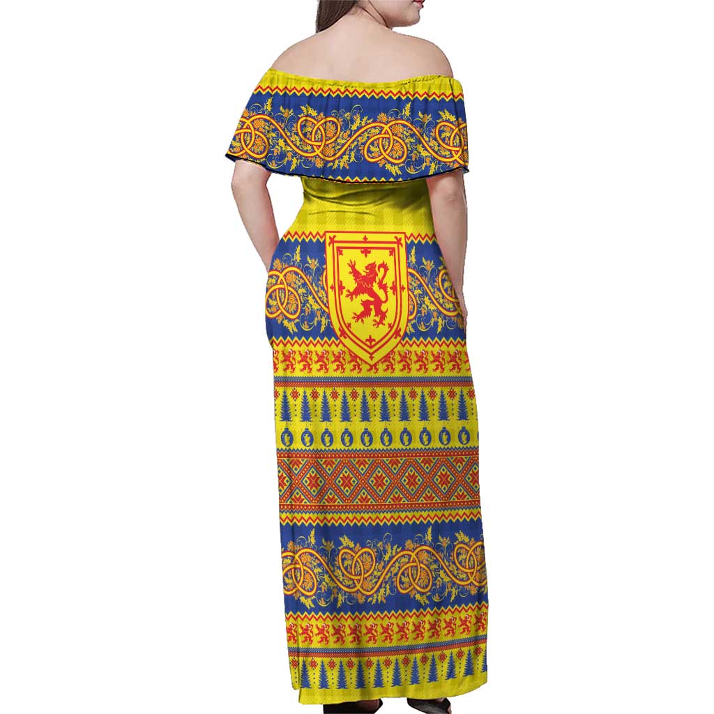Scottish Christmas Family Matching Off Shoulder Maxi Dress and Hawaiian Shirt Scotland Thistle and Celtic Knot Yellow-Red Color - Wonder Print Shop