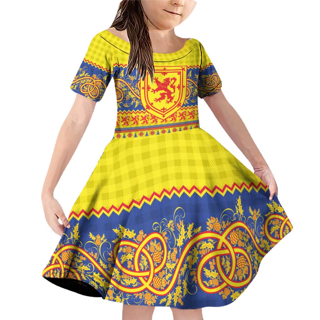 Scottish Christmas Family Matching Off Shoulder Short Dress and Hawaiian Shirt Scotland Thistle and Celtic Knot Yellow-Red Color - Wonder Print Shop