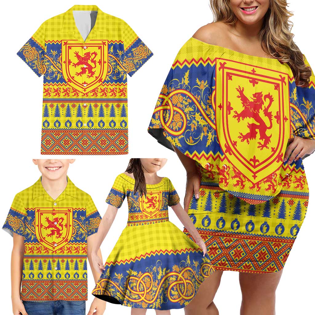Scottish Christmas Family Matching Off Shoulder Short Dress and Hawaiian Shirt Scotland Thistle and Celtic Knot Yellow-Red Color - Wonder Print Shop