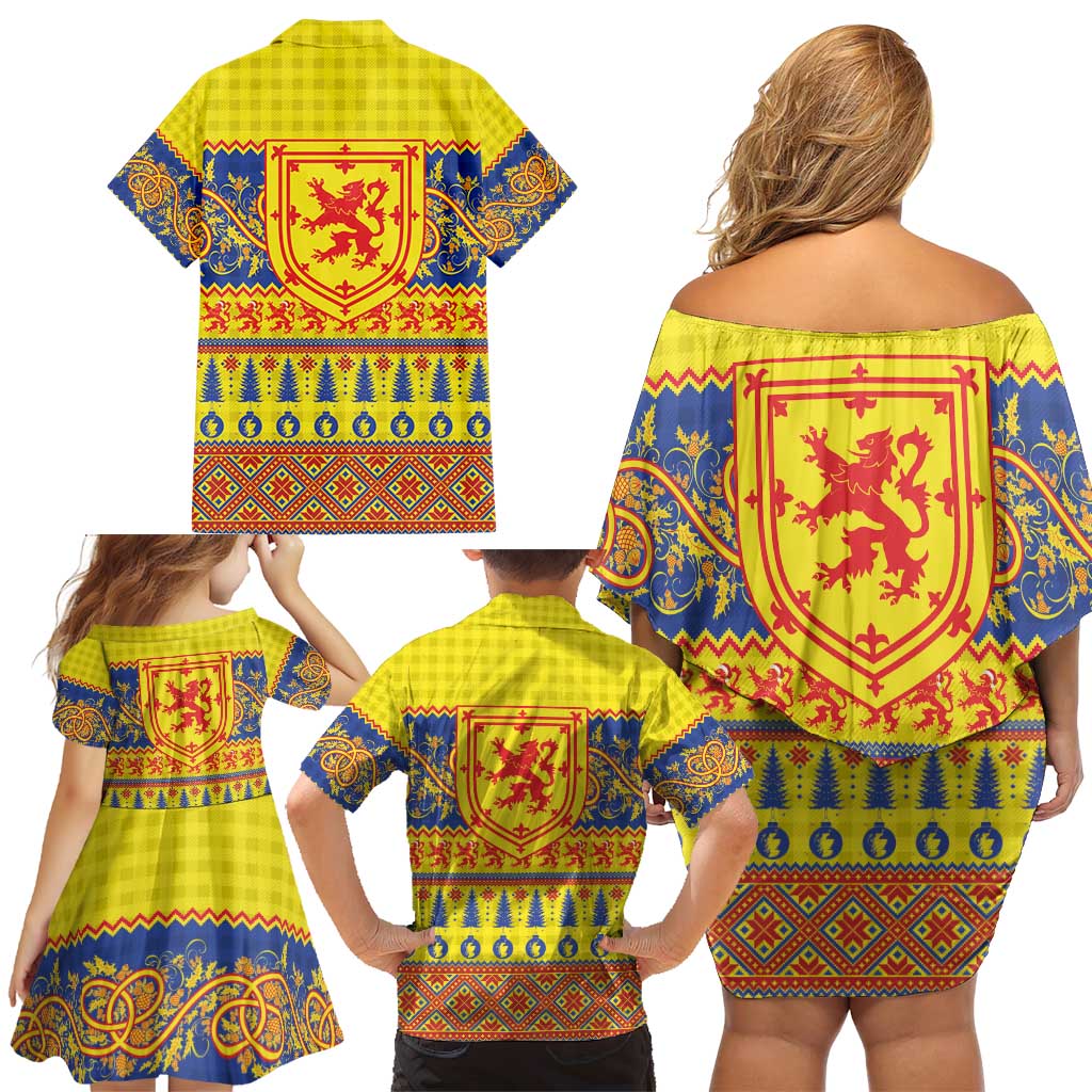 Scottish Christmas Family Matching Off Shoulder Short Dress and Hawaiian Shirt Scotland Thistle and Celtic Knot Yellow-Red Color - Wonder Print Shop