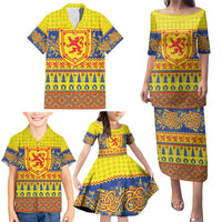 Scottish Christmas Family Matching Puletasi and Hawaiian Shirt Scotland Thistle and Celtic Knot Yellow-Red Color - Wonder Print Shop