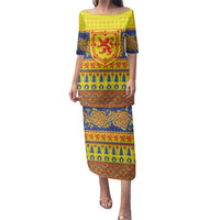 Scottish Christmas Family Matching Puletasi and Hawaiian Shirt Scotland Thistle and Celtic Knot Yellow-Red Color - Wonder Print Shop