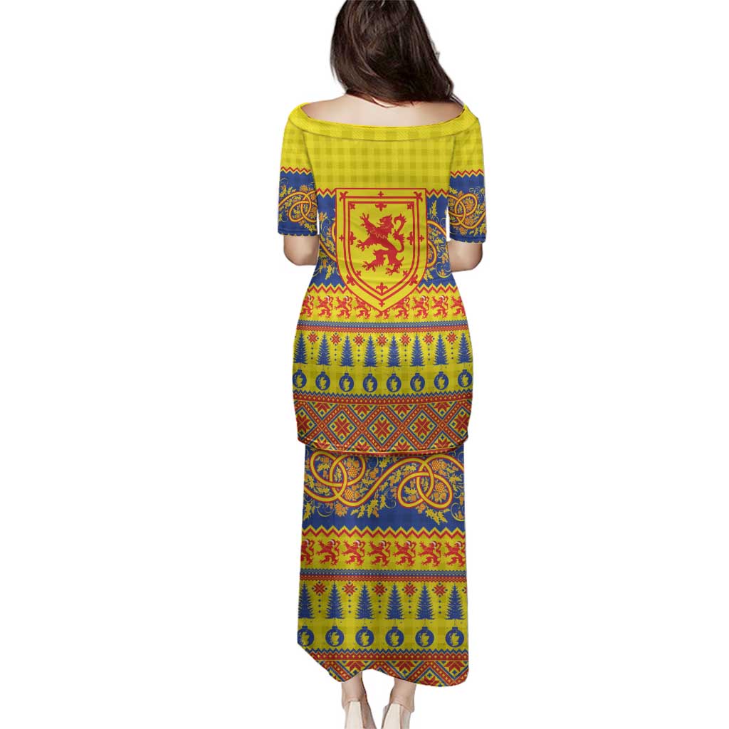 Scottish Christmas Family Matching Puletasi and Hawaiian Shirt Scotland Thistle and Celtic Knot Yellow-Red Color - Wonder Print Shop