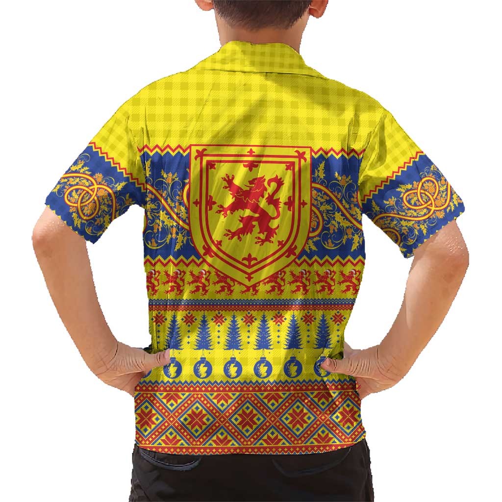 Scottish Christmas Family Matching Short Sleeve Bodycon Dress and Hawaiian Shirt Scotland Thistle and Celtic Knot Yellow-Red Color - Wonder Print Shop