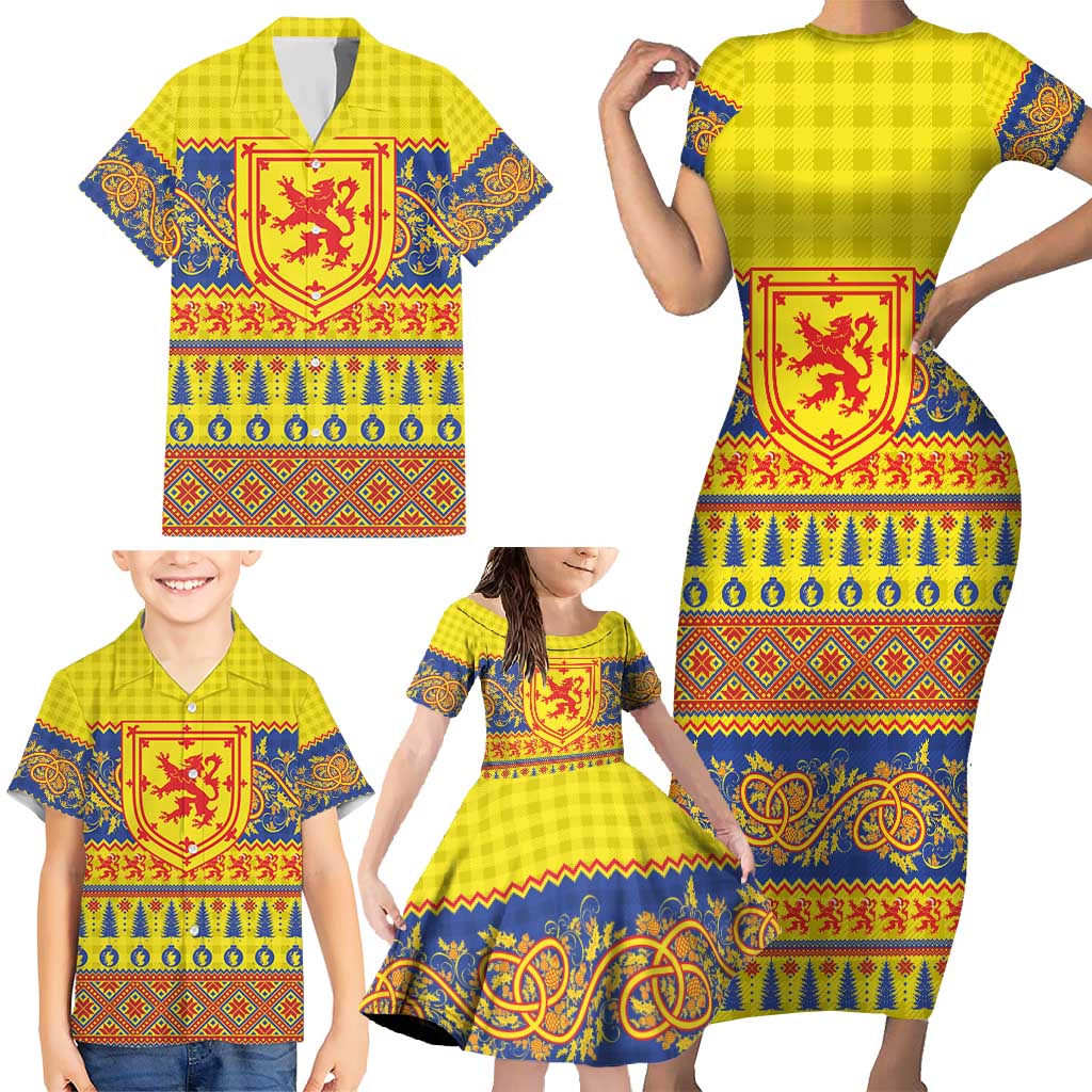 Scottish Christmas Family Matching Short Sleeve Bodycon Dress and Hawaiian Shirt Scotland Thistle and Celtic Knot Yellow-Red Color - Wonder Print Shop