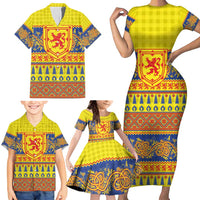 Scottish Christmas Family Matching Short Sleeve Bodycon Dress and Hawaiian Shirt Scotland Thistle and Celtic Knot Yellow-Red Color - Wonder Print Shop