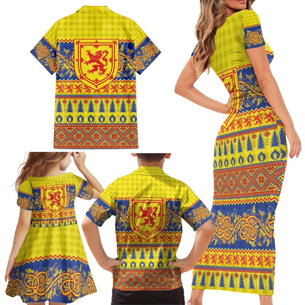 Scottish Christmas Family Matching Short Sleeve Bodycon Dress and Hawaiian Shirt Scotland Thistle and Celtic Knot Yellow-Red Color - Wonder Print Shop