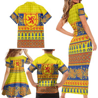 Scottish Christmas Family Matching Short Sleeve Bodycon Dress and Hawaiian Shirt Scotland Thistle and Celtic Knot Yellow-Red Color - Wonder Print Shop