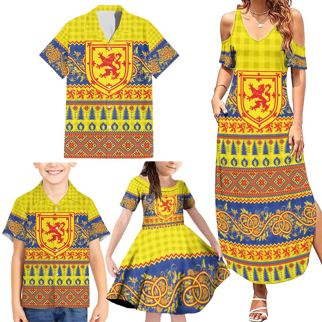 Scottish Christmas Family Matching Summer Maxi Dress and Hawaiian Shirt Scotland Thistle and Celtic Knot Yellow-Red Color - Wonder Print Shop