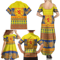Scottish Christmas Family Matching Summer Maxi Dress and Hawaiian Shirt Scotland Thistle and Celtic Knot Yellow-Red Color - Wonder Print Shop