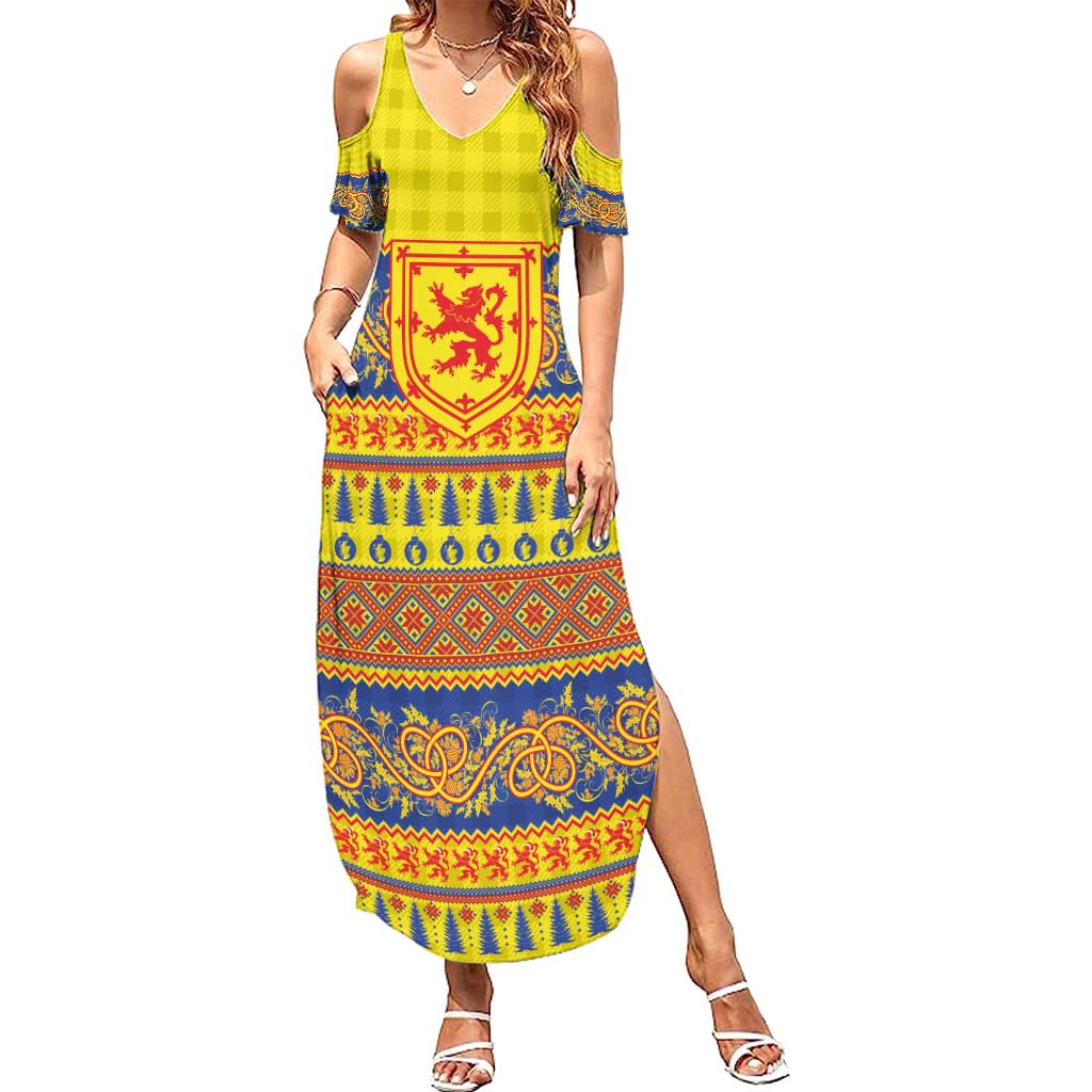 Scottish Christmas Family Matching Summer Maxi Dress and Hawaiian Shirt Scotland Thistle and Celtic Knot Yellow-Red Color - Wonder Print Shop