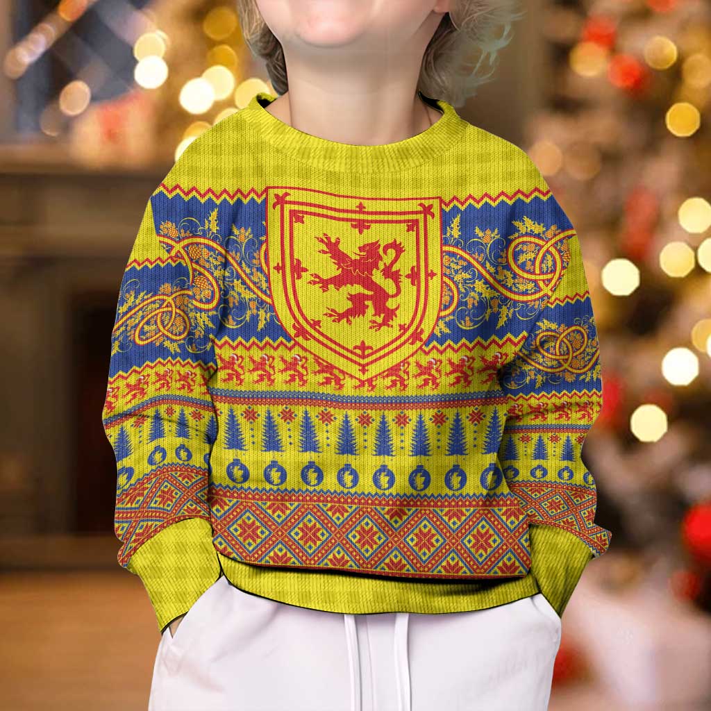 Scottish Christmas Kid Ugly Christmas Sweater Scotland Thistle and Celtic Knot Yellow-Red Color - Wonder Print Shop