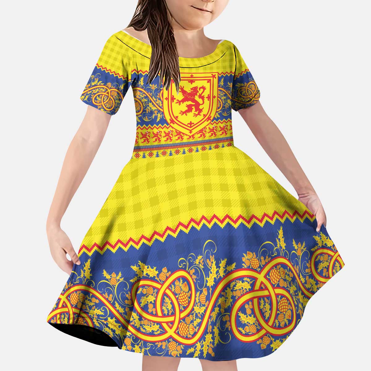 Scottish Christmas Kid Short Sleeve Dress Scotland Thistle and Celtic Knot Yellow-Red Color - Wonder Print Shop