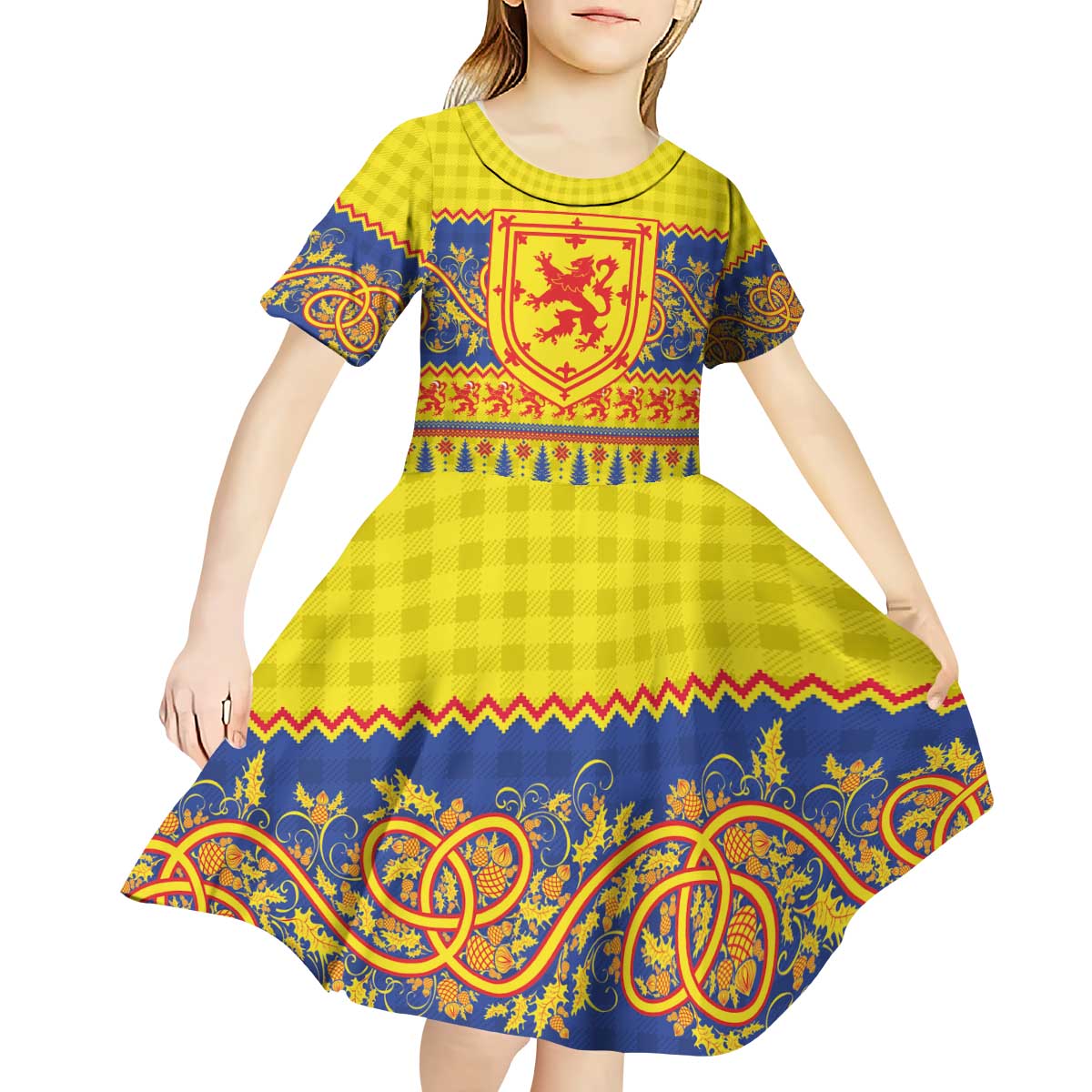 Scottish Christmas Kid Short Sleeve Dress Scotland Thistle and Celtic Knot Yellow-Red Color - Wonder Print Shop