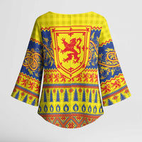Scottish Christmas Kimono Sleeve Blouse Scotland Thistle and Celtic Knot Yellow-Red Color - Wonder Print Shop