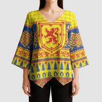 Scottish Christmas Kimono Sleeve Blouse Scotland Thistle and Celtic Knot Yellow-Red Color - Wonder Print Shop