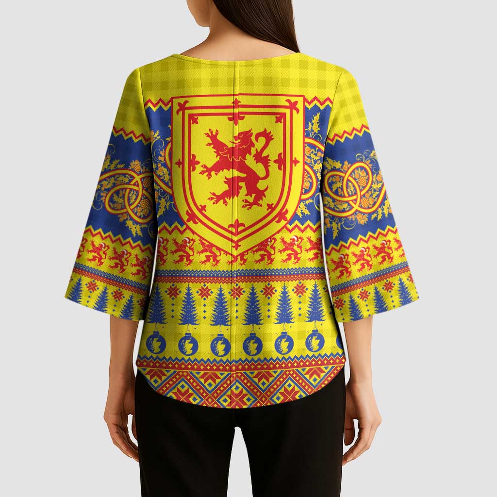 Scottish Christmas Kimono Sleeve Blouse Scotland Thistle and Celtic Knot Yellow-Red Color - Wonder Print Shop