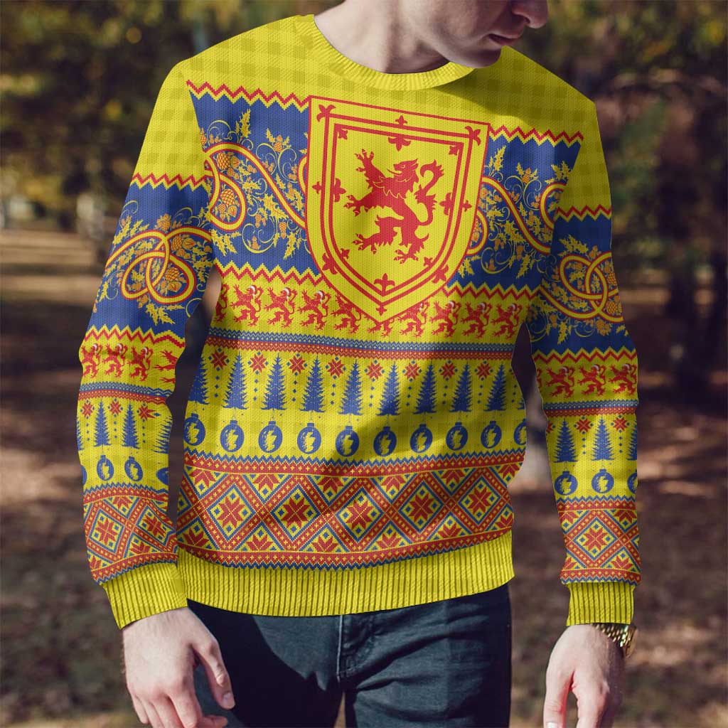 Scottish Christmas Ugly Christmas Sweater Scotland Thistle and Celtic Knot Yellow-Red Color - Wonder Print Shop