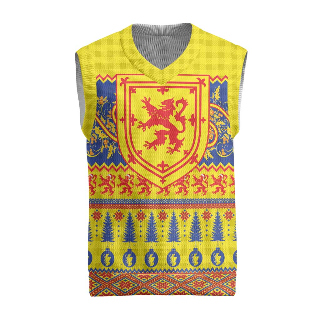 Scottish Christmas Knitted V-Neck Vest Scotland Thistle and Celtic Knot Yellow-Red Color - Wonder Print Shop