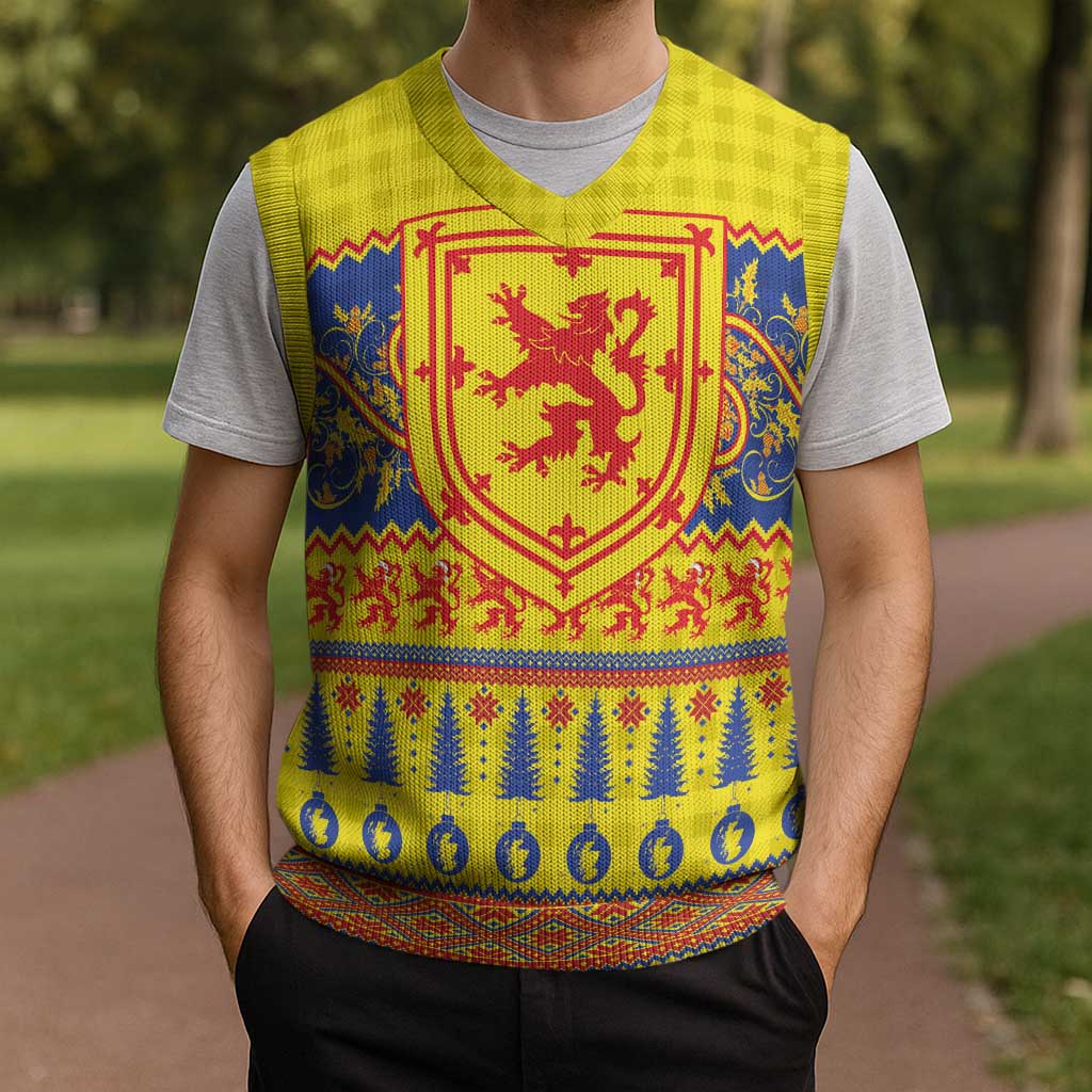Scottish Christmas Knitted V-Neck Vest Scotland Thistle and Celtic Knot Yellow-Red Color - Wonder Print Shop