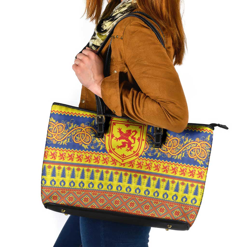 Scottish Christmas Leather Tote Bag Scotland Thistle and Celtic Knot Yellow-Red Color - Wonder Print Shop