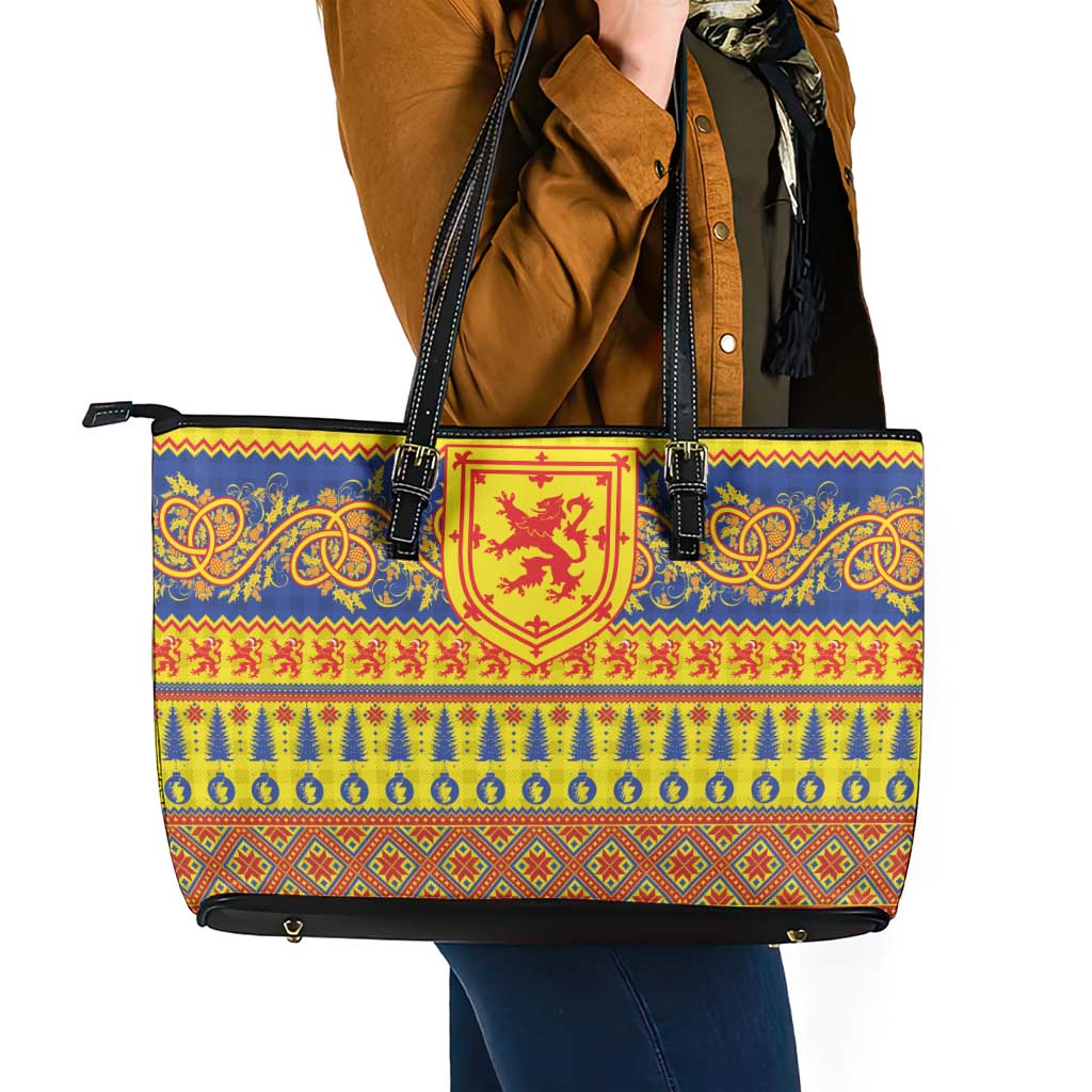 Scottish Christmas Leather Tote Bag Scotland Thistle and Celtic Knot Yellow-Red Color - Wonder Print Shop
