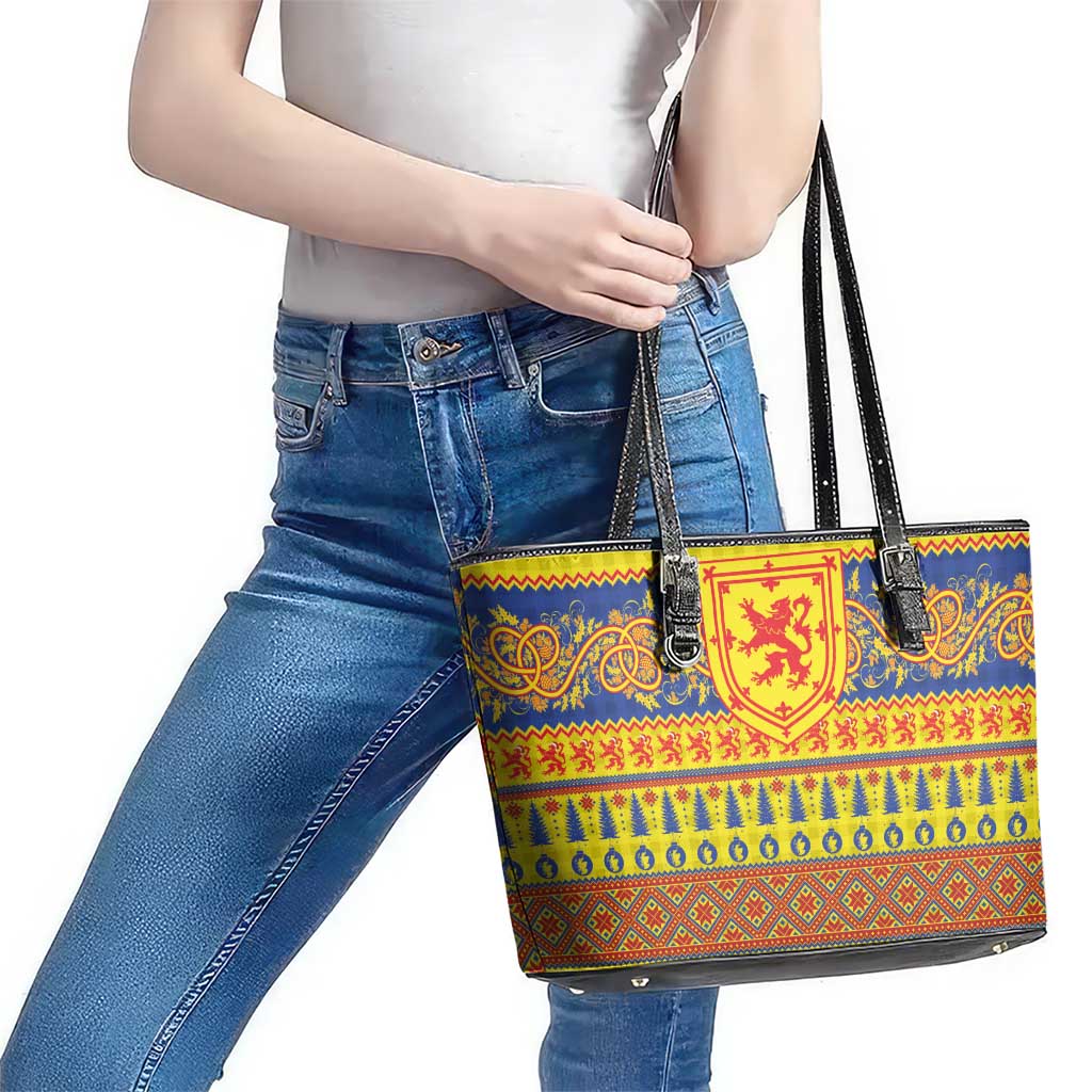 Scottish Christmas Leather Tote Bag Scotland Thistle and Celtic Knot Yellow-Red Color - Wonder Print Shop