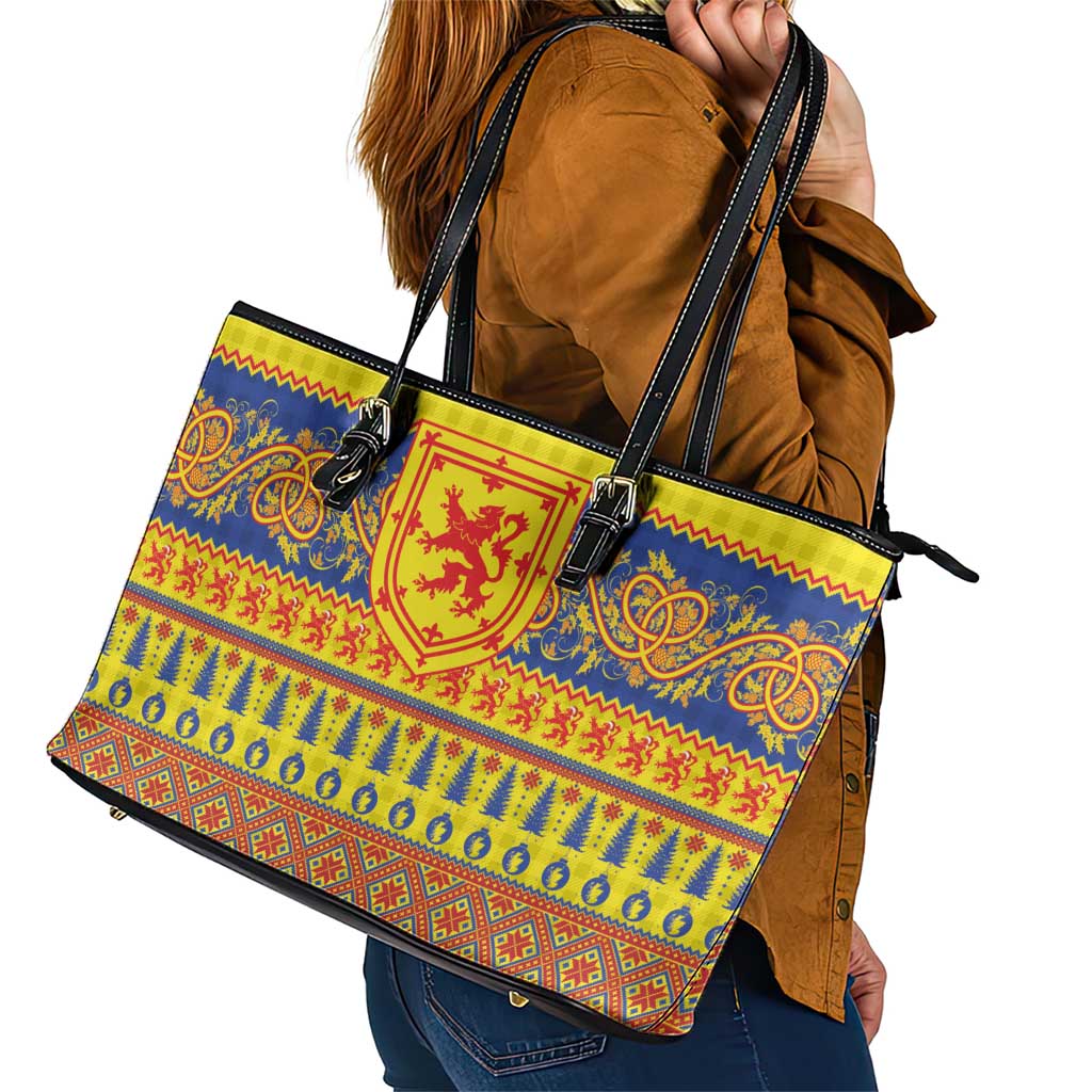 Scottish Christmas Leather Tote Bag Scotland Thistle and Celtic Knot Yellow-Red Color - Wonder Print Shop