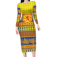 Scottish Christmas Long Sleeve Bodycon Dress Scotland Thistle and Celtic Knot Yellow-Red Color - Wonder Print Shop