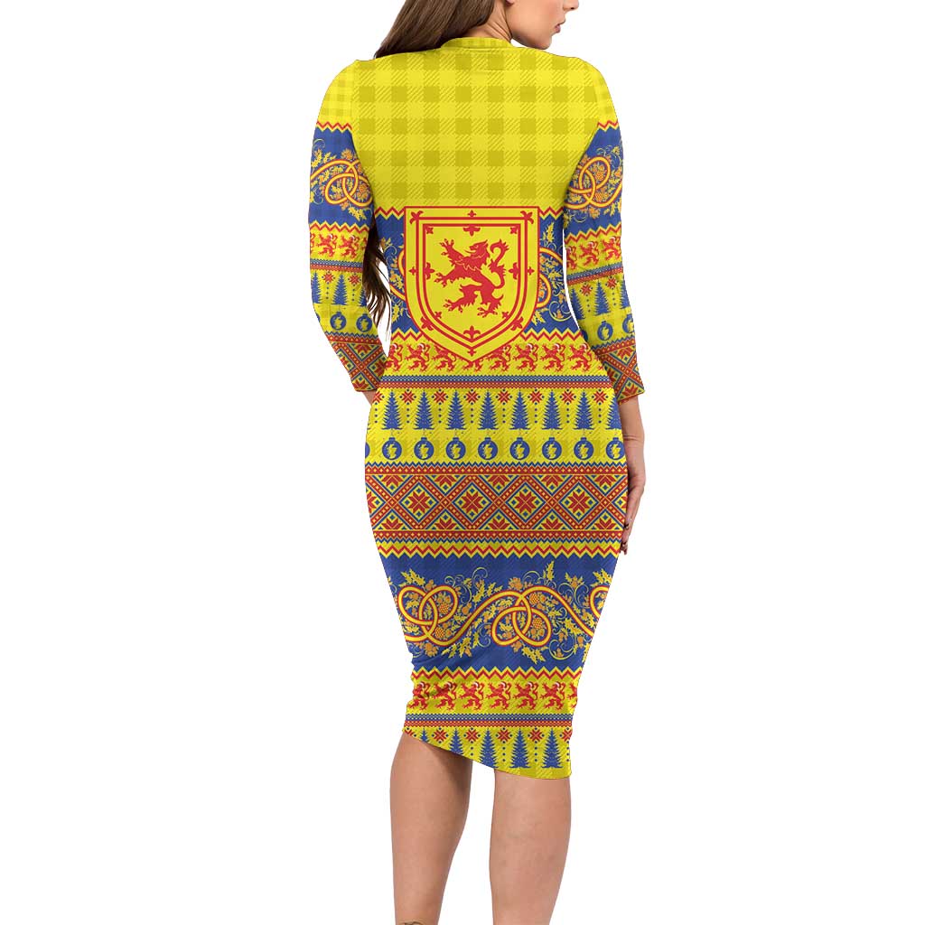 Scottish Christmas Long Sleeve Bodycon Dress Scotland Thistle and Celtic Knot Yellow-Red Color - Wonder Print Shop