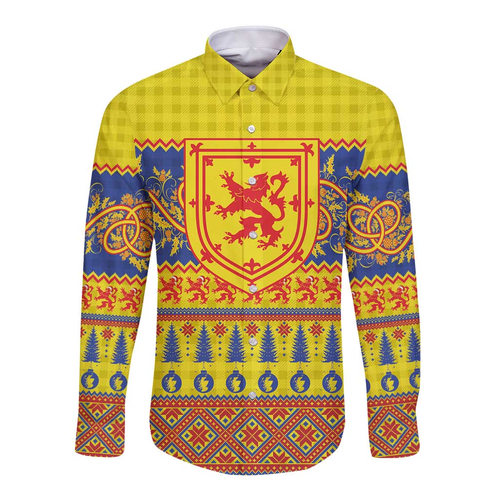 Scottish Christmas Long Sleeve Button Shirt Scotland Thistle and Celtic Knot Yellow-Red Color - Wonder Print Shop