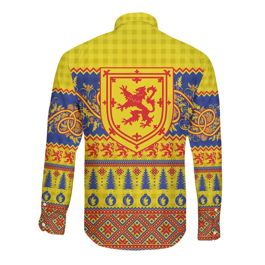 Scottish Christmas Long Sleeve Button Shirt Scotland Thistle and Celtic Knot Yellow-Red Color - Wonder Print Shop