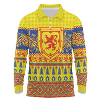 Scottish Christmas Long Sleeve Polo Shirt Scotland Thistle and Celtic Knot Yellow-Red Color - Wonder Print Shop